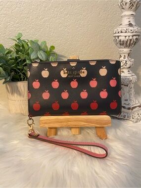 kate spade Black Wristlet with Red & Pink Apple Print